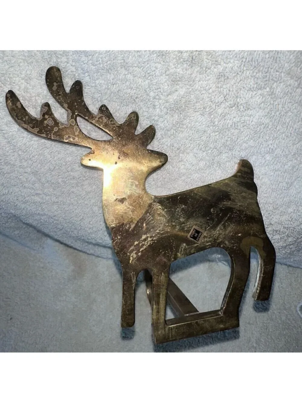Vintage Solid Brass Reindeer Silhouette Christmas Stocking Hanger Etched Philip